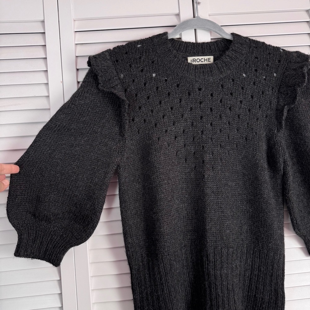 St. Roche Alpaca Ruffle Pointelle Sweater Charcoal 3/4 Balloon Sleeves Medium - Picture 5 of 9